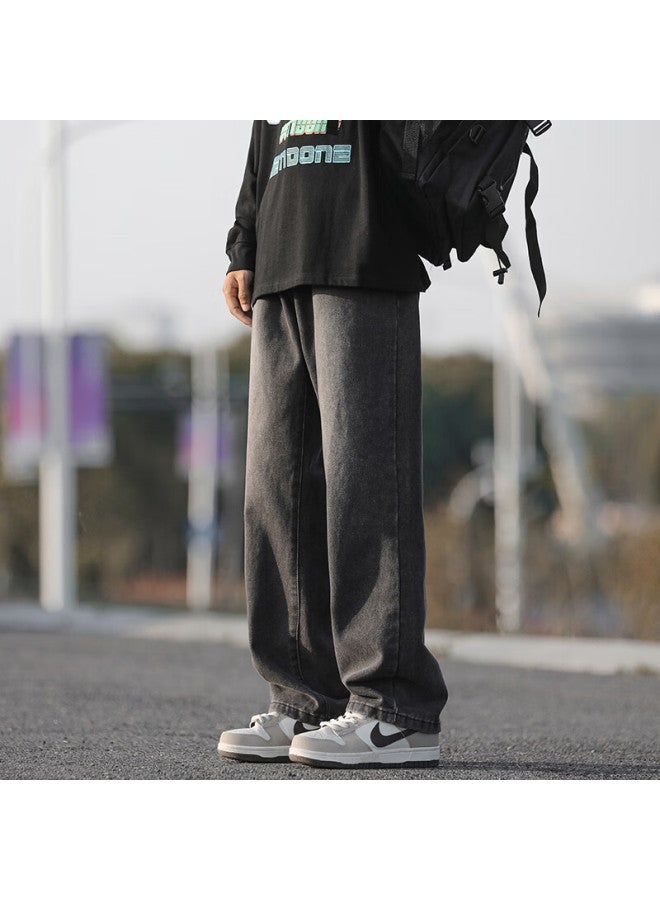 Homlean American-style Washed Denim Jeans Men's Spring And Summer High Street Handsome Loose Straight Wide-leg Trousers Hs05 Black Gray M - Image 2