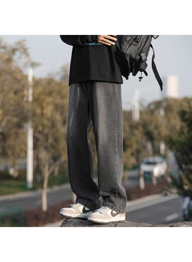 Homlean American-style Washed Denim Jeans Men's Spring And Summer High Street Handsome Loose Straight Wide-leg Trousers Hs05 Black Gray M - Image 1