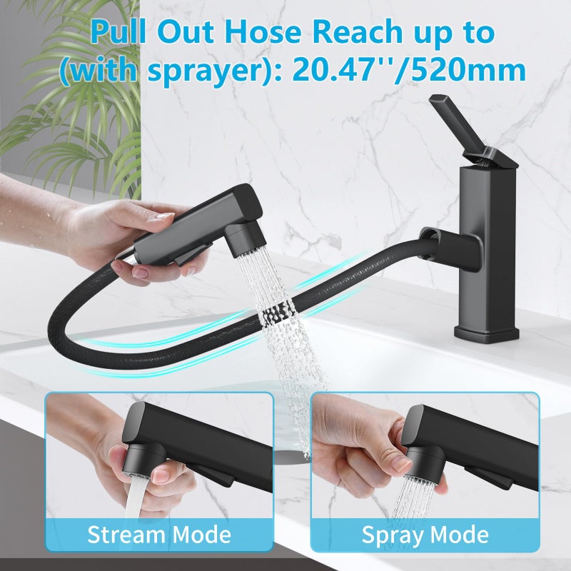 MIAOHUI Pull Out Single Hole Bathroom Faucet, 3 Spray Mode Single Handle Bathroom Faucets for Sink 1 Hole, Bathroom Sink Faucet with Pull Down Sprayer, Vanity Faucet with Fountain Mode, Matte Black - Image 3