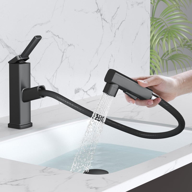 MIAOHUI Pull Out Single Hole Bathroom Faucet, 3 Spray Mode Single Handle Bathroom Faucets for Sink 1 Hole, Bathroom Sink Faucet with Pull Down Sprayer, Vanity Faucet with Fountain Mode, Matte Black - Image 1
