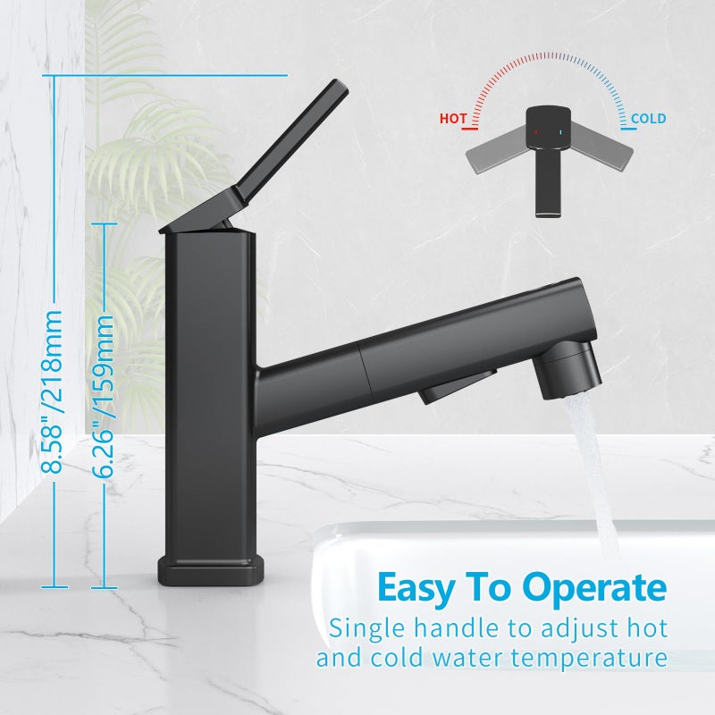 MIAOHUI Pull Out Single Hole Bathroom Faucet, 3 Spray Mode Single Handle Bathroom Faucets for Sink 1 Hole, Bathroom Sink Faucet with Pull Down Sprayer, Vanity Faucet with Fountain Mode, Matte Black - Image 4