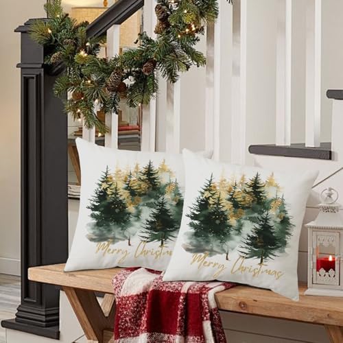 Artmag Christmas Pillow Covers 18x18 Inch Set of 2 Black Gold Merry Christmas Xmas Tree Rustic Decorative Throw Pillows Covers Winter Holiday Decor for Couch Sofa - Image 3