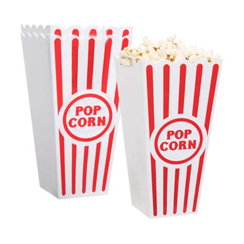 Novelty Place Plastic Red White Striped Classic Popcorn Containers for Movie Night - 7.8 inch Tall x 3.8 inch Square (4 Pack) - Image 1