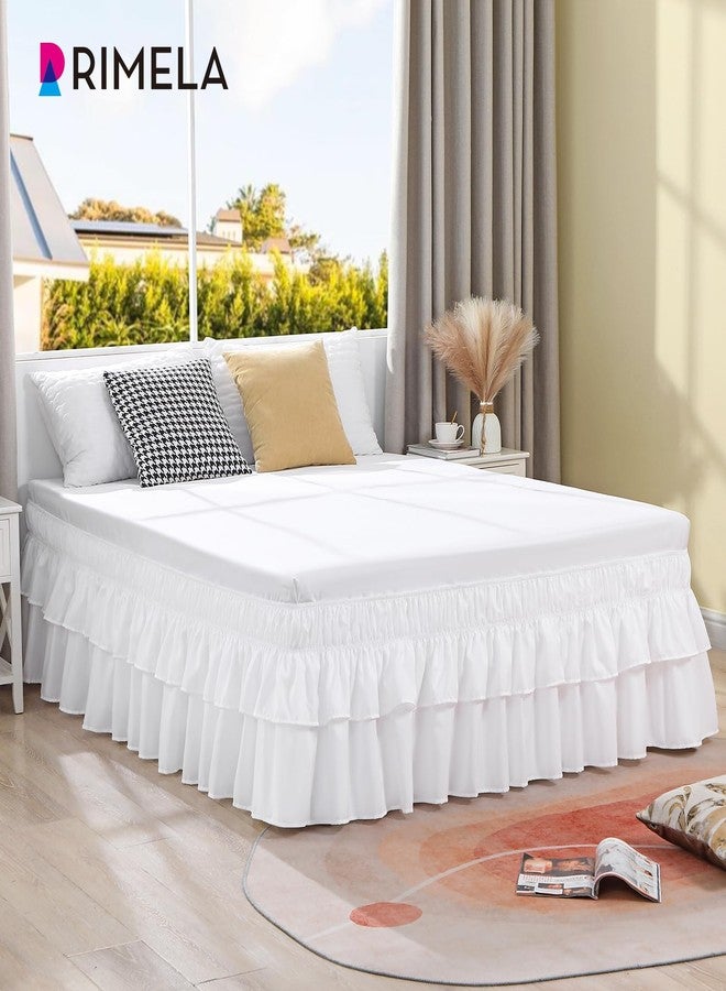RIMELA Queen Size Ruffle Bed Skirt 16 Inch Drop - White Double Layered Wrap Around Dust Ruffle, Romantic Cute Design Bedskirt with High-Density Fabric, Soft Stretchy, Easy Install for Queen Bed - Image 4