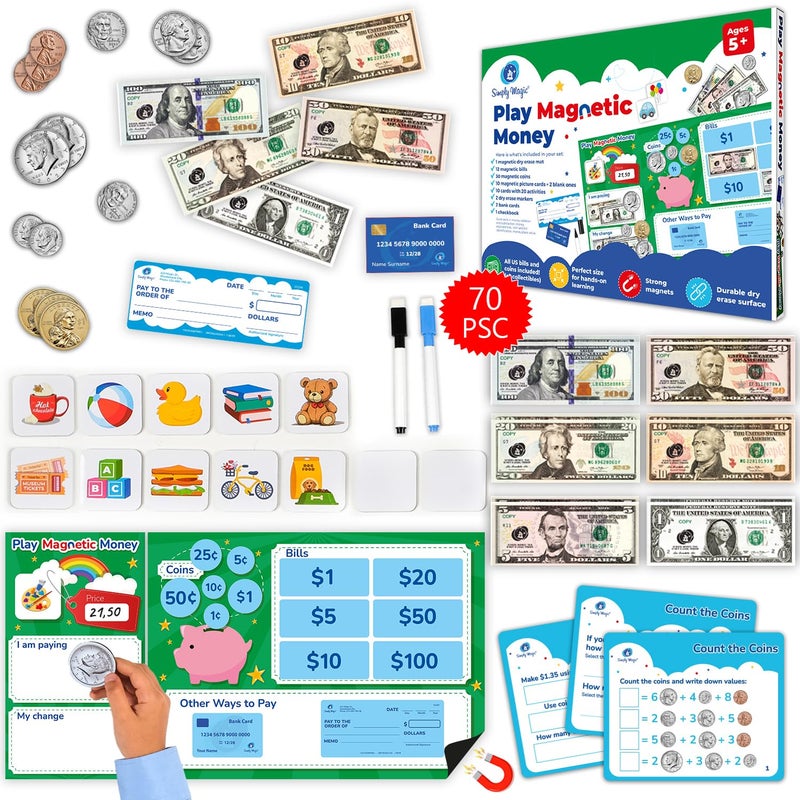 Simply magic 70 PCS Magnetic Money for Classroom Play Money for Teaching Money Manipulatives Activities Pretend Play Money for Kids Money Magnets Learning Coins Bills Toddler Money Games - Image 3