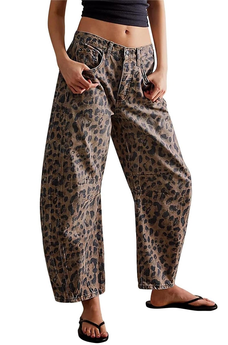 loveimgs Womens Stretchy Mid Rise Barrel Jeans Vintage Loose Wide Leg Cropped Denim Pants Y2k Baggy Boyfriend Jeans (Small,Classic Leopard) - Image 1