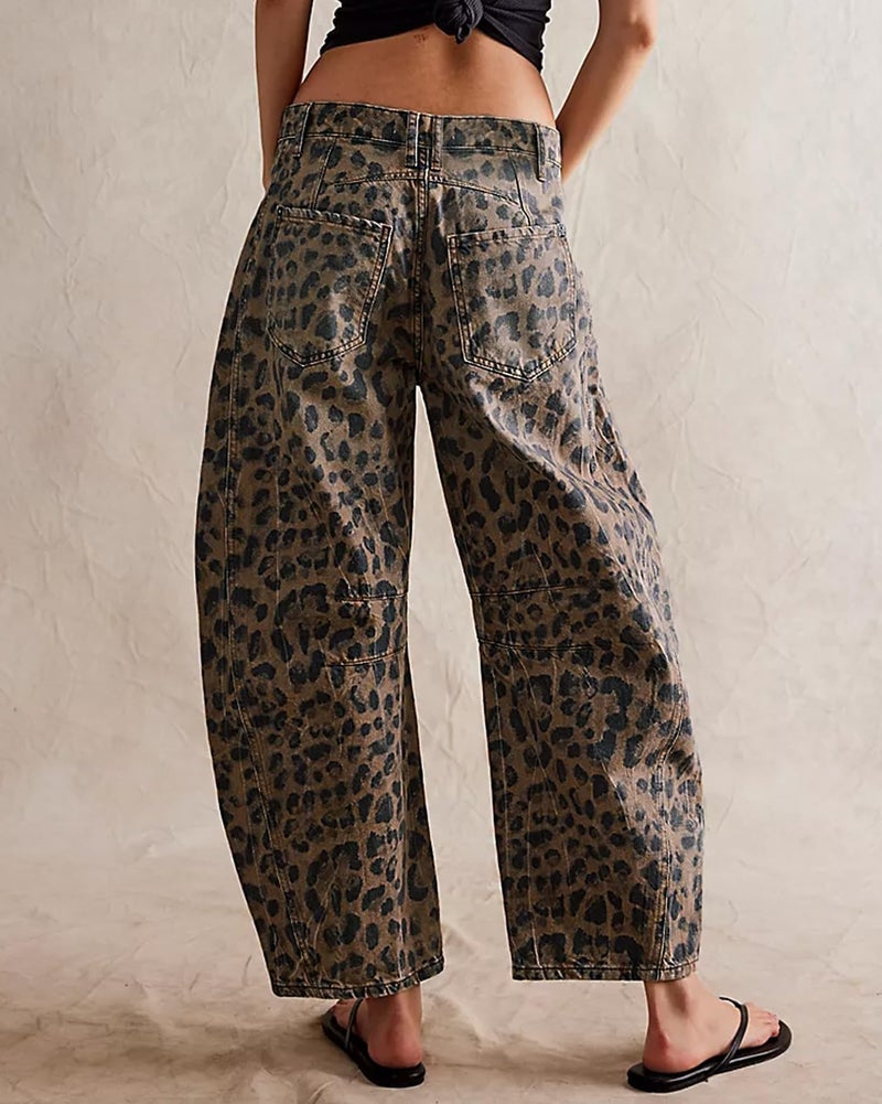 loveimgs Womens Stretchy Mid Rise Barrel Jeans Vintage Loose Wide Leg Cropped Denim Pants Y2k Baggy Boyfriend Jeans (Small,Classic Leopard) - Image 3