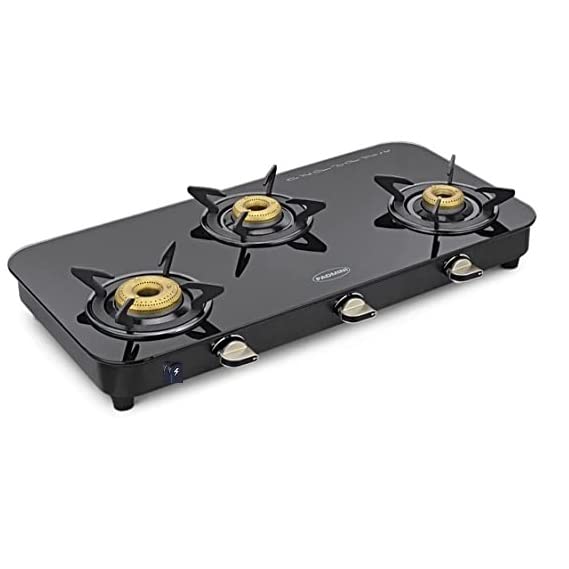 PADMINI Padmini Gas Stove 3 Burners Auto ignition Glass CS 3GT Lotus Black with High Flame Burner ISI Certified 1HF 1Big 1Small - Image 1