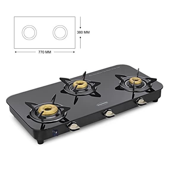PADMINI Padmini Gas Stove 3 Burners Auto ignition Glass CS 3GT Lotus Black with High Flame Burner ISI Certified 1HF 1Big 1Small - Image 2