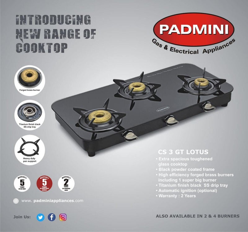 PADMINI Padmini Gas Stove 3 Burners Auto ignition Glass CS 3GT Lotus Black with High Flame Burner ISI Certified 1HF 1Big 1Small - Image 4
