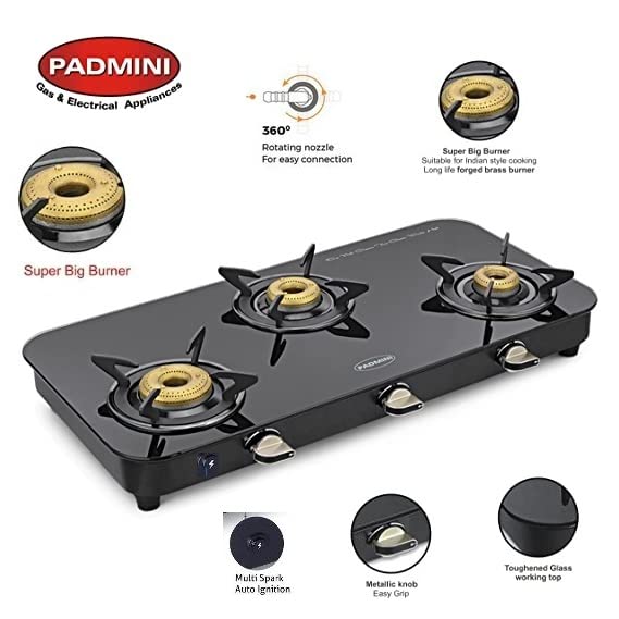 PADMINI Padmini Gas Stove 3 Burners Auto ignition Glass CS 3GT Lotus Black with High Flame Burner ISI Certified 1HF 1Big 1Small - Image 3