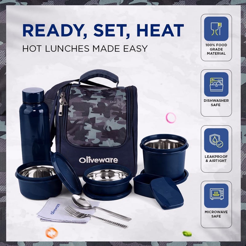 oliveware Lavish Lunch Box with3 Microwave Safe Inside Steel Containers with mcirowave containers (290ml, 450ml & 600ml), Plastic Pickle Box(130ml), Steel Water Bottle(750ml) - Blue - Image 4