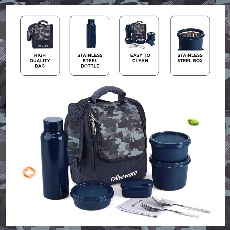 oliveware Lavish Lunch Box with3 Microwave Safe Inside Steel Containers with mcirowave containers (290ml, 450ml & 600ml), Plastic Pickle Box(130ml), Steel Water Bottle(750ml) - Blue - Image 2