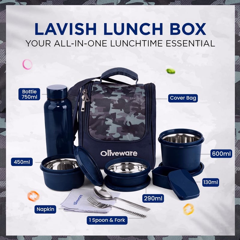 oliveware Lavish Lunch Box with3 Microwave Safe Inside Steel Containers with mcirowave containers (290ml, 450ml & 600ml), Plastic Pickle Box(130ml), Steel Water Bottle(750ml) - Blue - Image 3