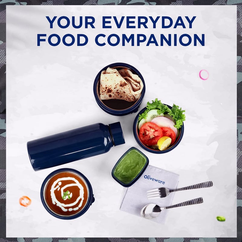 oliveware Lavish Lunch Box with3 Microwave Safe Inside Steel Containers with mcirowave containers (290ml, 450ml & 600ml), Plastic Pickle Box(130ml), Steel Water Bottle(750ml) - Blue - Image 5