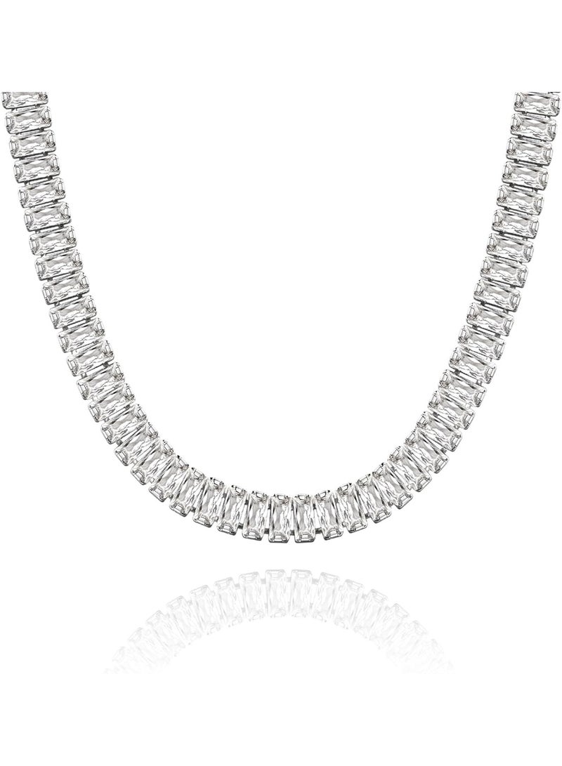 Julia Store Tennis Dainty Trendy Luxury 18k White Gold Plated Diamond Like Necklaces Cute Baguette Cubic Zirconia Solitaire Choker Necklaces for Women Simple Cubic Zirconia Necklace Jewelry Gifts - Image 2