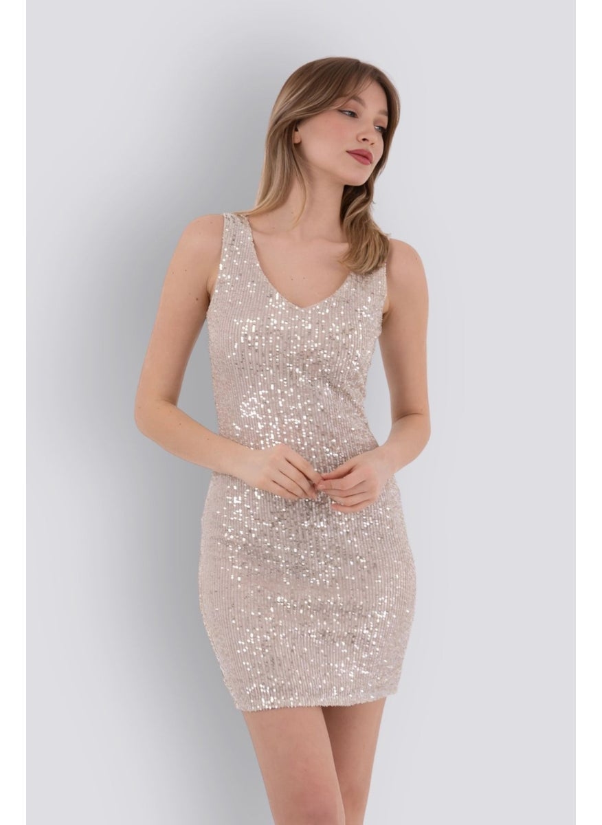 HOX'S Candice | Sequined Mini Slim Dress V Neck Sleeveless Backless - Beige  - Image 1