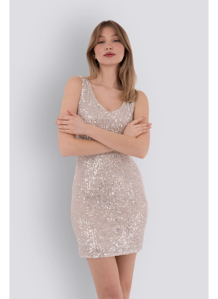 HOX'S Candice | Sequined Mini Slim Dress V Neck Sleeveless Backless - Beige  - Image 4