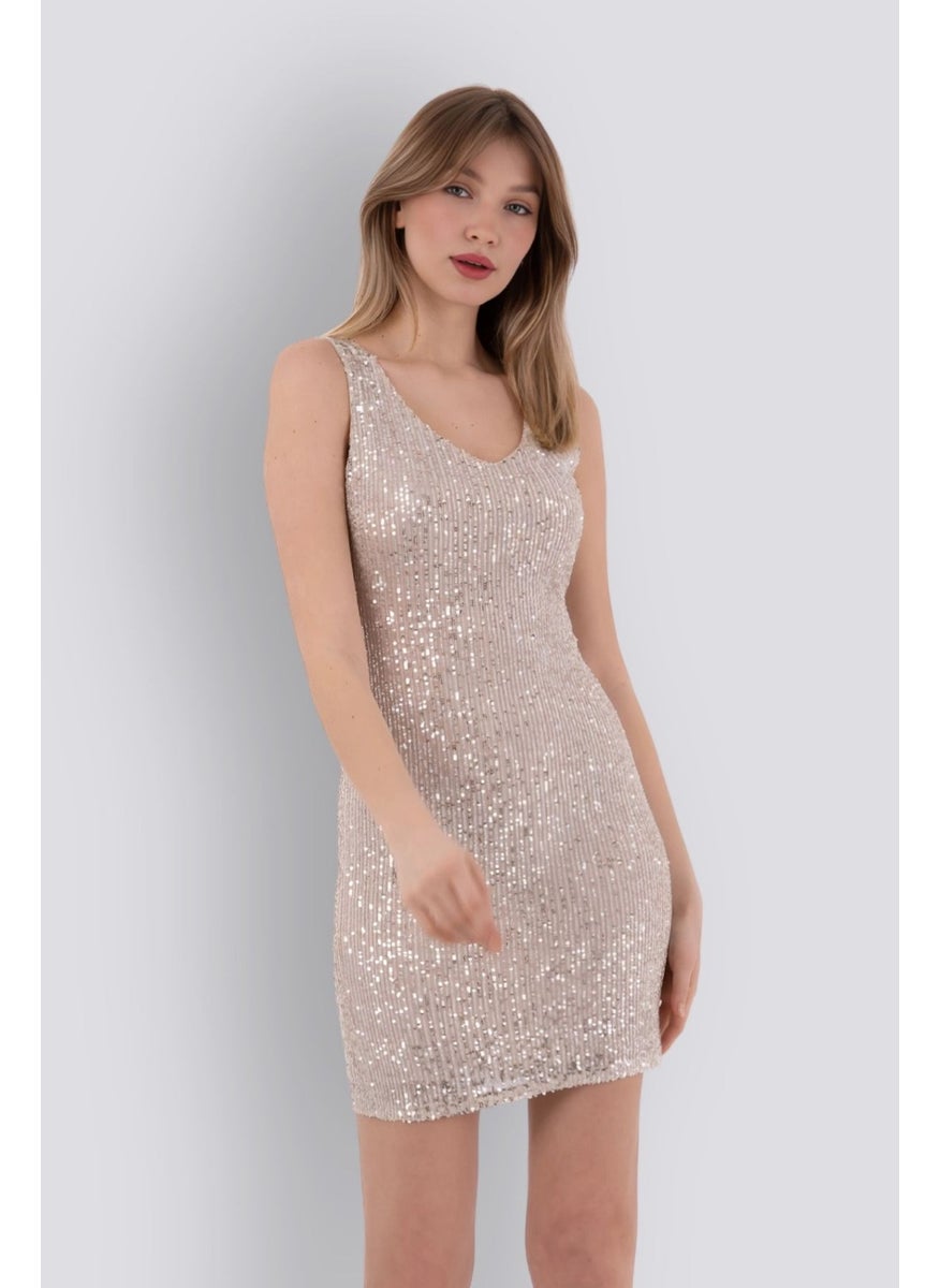HOX'S Candice | Sequined Mini Slim Dress V Neck Sleeveless Backless - Beige  - Image 5