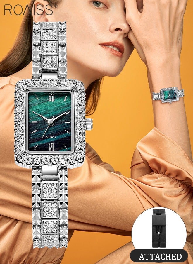 رويس ساعة كوارتز نسائية بسوار فولاذي، ساعة ذات قرص مستطيل مزين بأحجار الراين، ساعة فاخرة مقاومة للماء كهدية للسيدات، فضي - Image 1