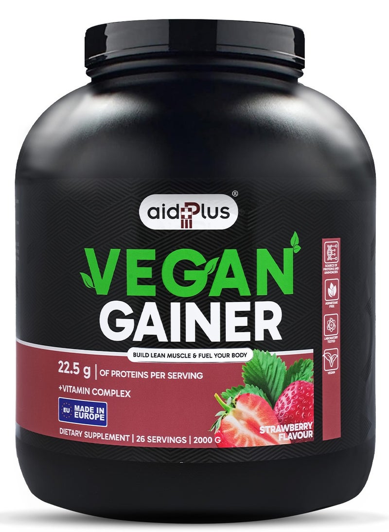 AID PLUS Vegan Gainer Strawberry, 2000g | 22.5g Protein per Serving | With Vitamins, Minerals & Plant-Based Ingredients | High-Energy Vegan Gainer - Image 1