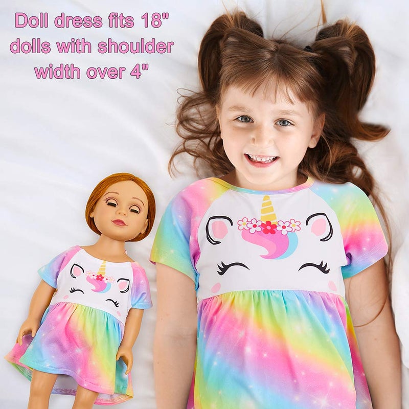 Play Tailor Doll and Girl Matching Nightgown Unicorn Outfit Pajamas Night Dress for Girls and 18" Dolls Clothes (Doll Not Included), 8-9 Years, Rainbow - Image 3