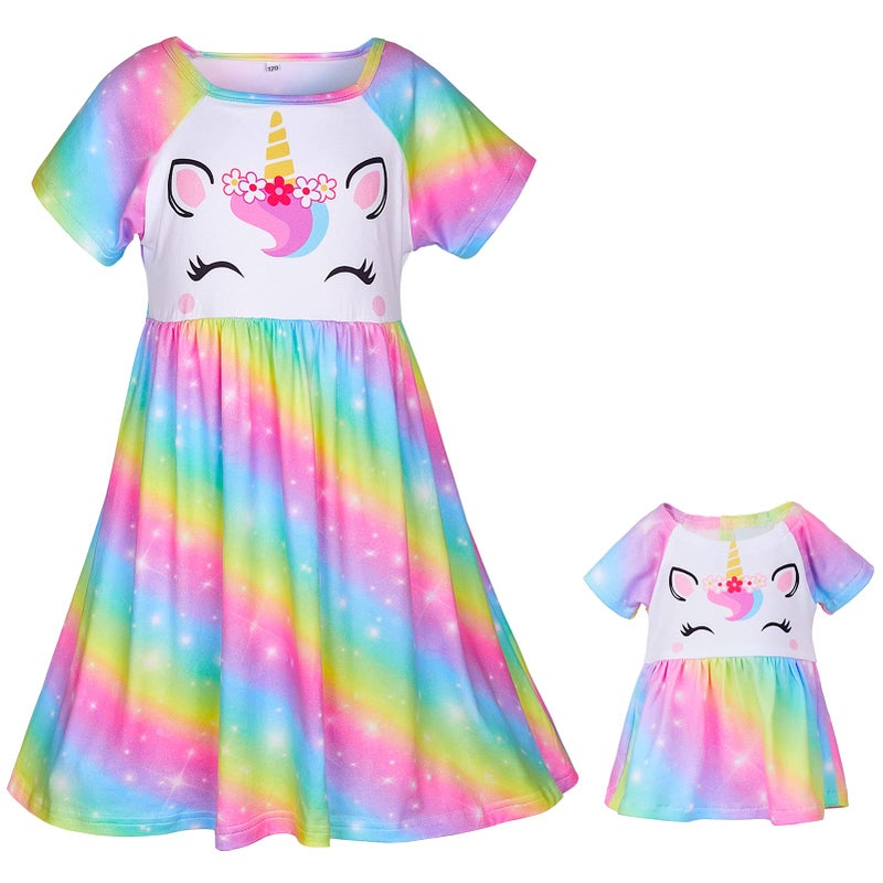 Play Tailor Doll and Girl Matching Nightgown Unicorn Outfit Pajamas Night Dress for Girls and 18" Dolls Clothes (Doll Not Included), 8-9 Years, Rainbow - Image 2