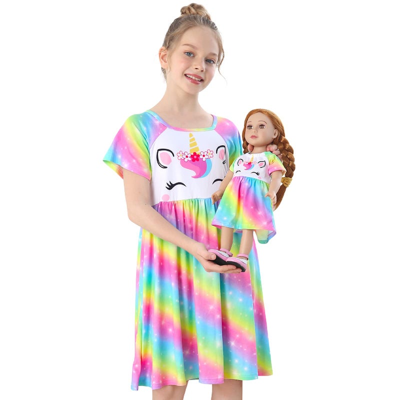 Play Tailor Doll and Girl Matching Nightgown Unicorn Outfit Pajamas Night Dress for Girls and 18" Dolls Clothes (Doll Not Included), 8-9 Years, Rainbow - Image 1