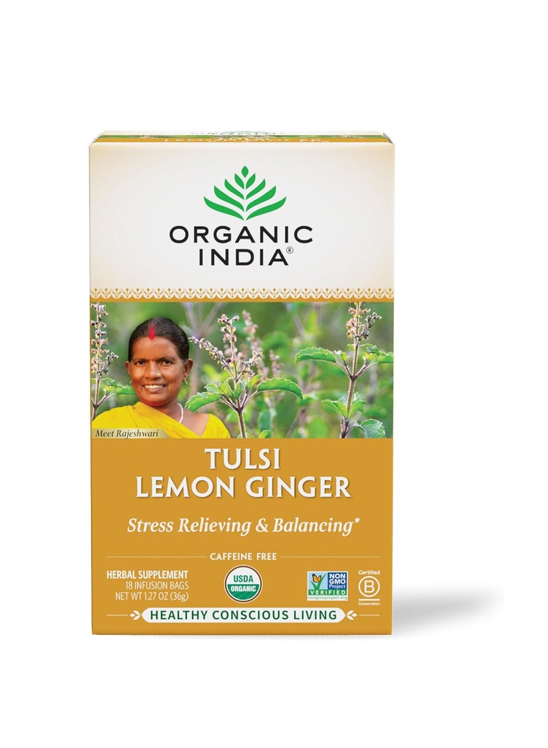 Organic India Organic India Tulsi Lemon Ginger Herbal Tea Stress Relieving and Balancing 18 Infusion Bags 36g  - Image 1