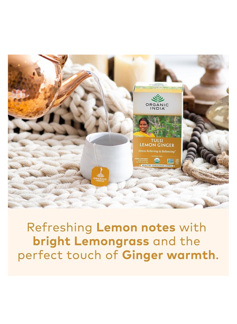 Organic India Organic India Tulsi Lemon Ginger Herbal Tea Stress Relieving and Balancing 18 Infusion Bags 36g  - Image 2