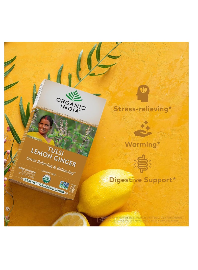 Organic India Organic India Tulsi Lemon Ginger Herbal Tea Stress Relieving and Balancing 18 Infusion Bags 36g  - Image 3