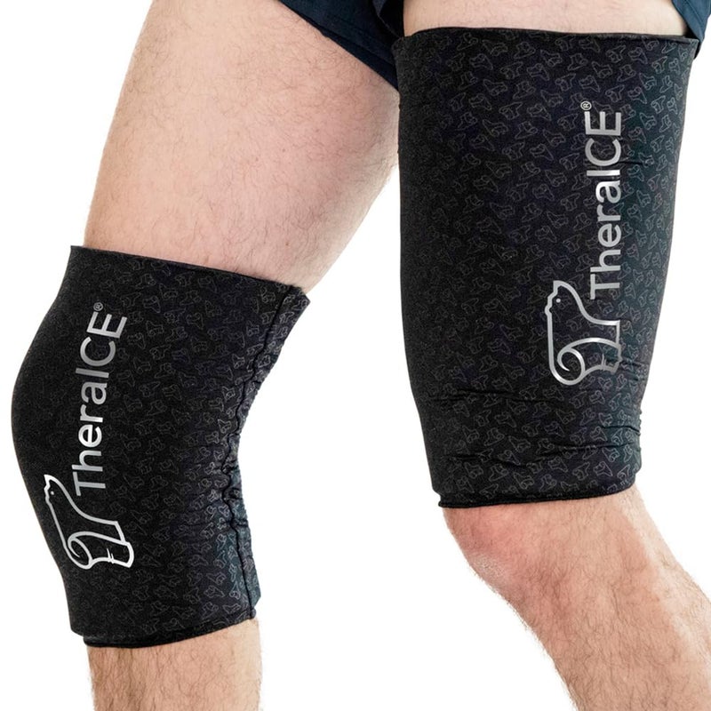 TheraICE Knee Ice Pack Wrap Compression Sleeve for Injuries Reusable Gel Cold Packs Brace Also for Hamstring Qaud Flexible Cold Wrap Recovery from Pain Relief XL