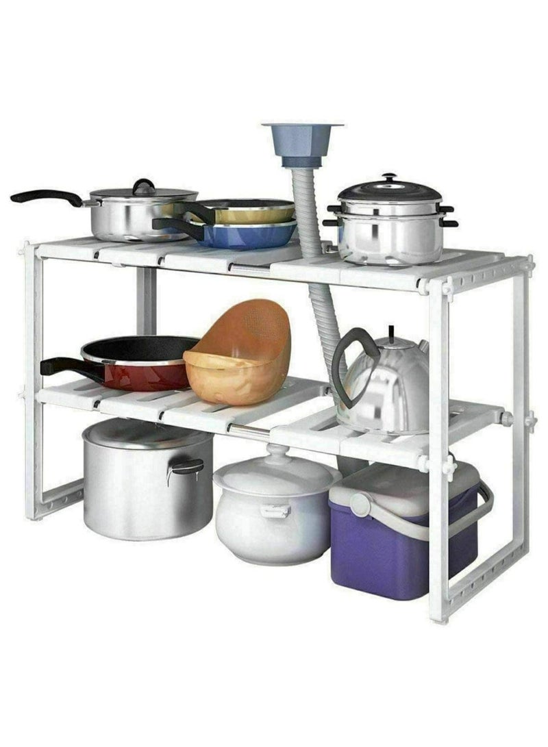 Yuwell Adjustable Under Sink Storage Shelf Organizer, 2 Tier Kitchen Cabinet Shelf Rack, Stainless Steel & Plastic Multifunction Sink Organizer, Height Adjustable 50-70x26x38cm, Space Saving Cabinet Storage Solution - Image 1