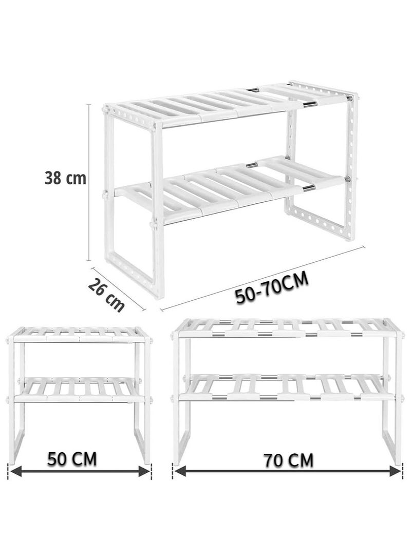 Yuwell Adjustable Under Sink Storage Shelf Organizer, 2 Tier Kitchen Cabinet Shelf Rack, Stainless Steel & Plastic Multifunction Sink Organizer, Height Adjustable 50-70x26x38cm, Space Saving Cabinet Storage Solution - Image 2