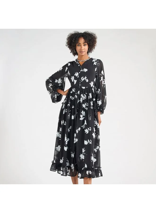 FAV Floral Print Midi Shirt Dress with Long Sleeves