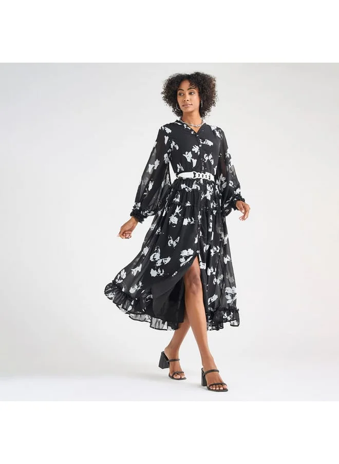 FAV Floral Print Midi Shirt Dress with Long Sleeves