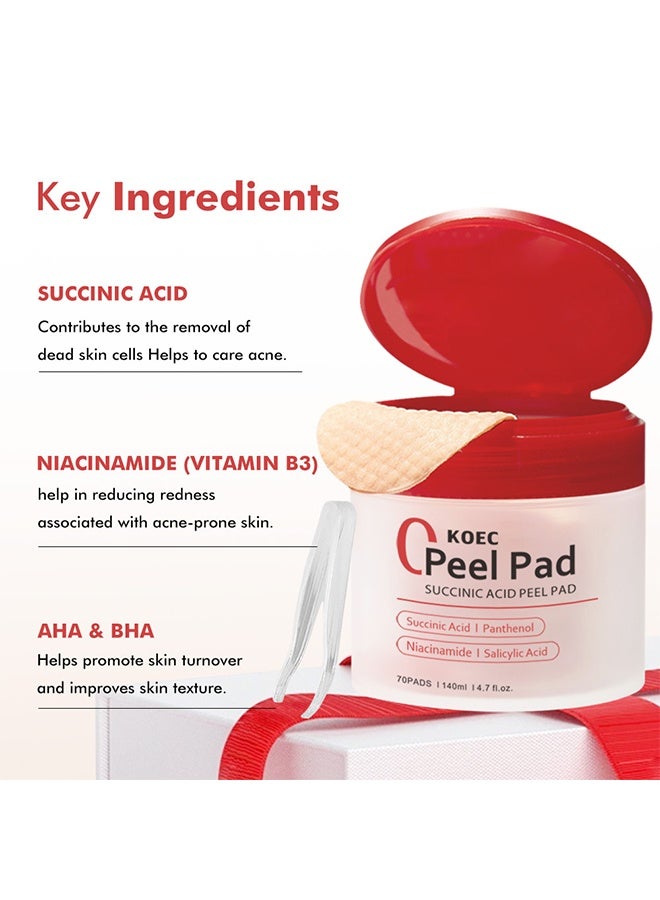 ك أو إي سي وسادة تقشير بحمض السكسينيك، وسائد تقشير حمض السكسينيك الأحمر – منظف خفيف يومي للوجه للبشرة المعرضة لحب الشباب، يتحكم في الزيوت ويحسن ملمس البشرة، وسائد تقشير مرطبة بمكونات مهدئة، 70 وسادة - Image 5