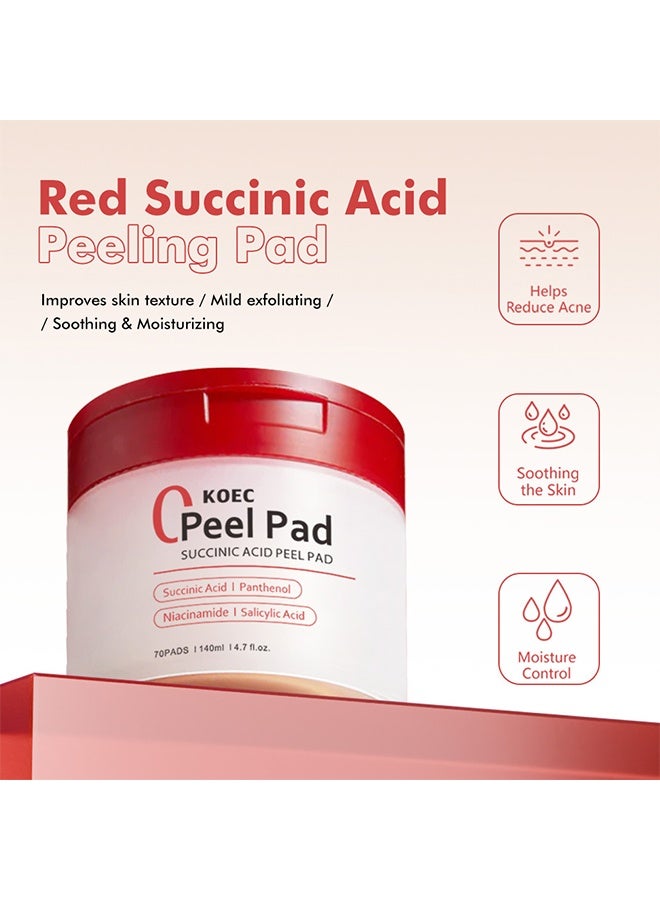 ك أو إي سي وسادة تقشير بحمض السكسينيك، وسائد تقشير حمض السكسينيك الأحمر – منظف خفيف يومي للوجه للبشرة المعرضة لحب الشباب، يتحكم في الزيوت ويحسن ملمس البشرة، وسائد تقشير مرطبة بمكونات مهدئة، 70 وسادة - Image 3