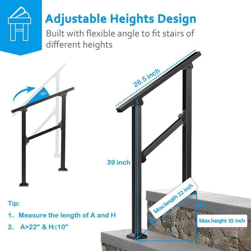 FOYUEE Outdoor Metal Handrails for Steps â€“ Exterior Stair Railing for Concrete Steps, Porch, Adjustable, Easy to Install, 2 Step - Image 3