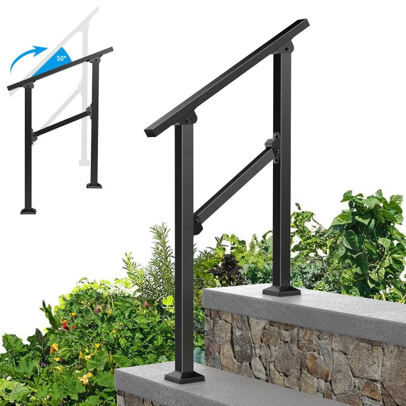 FOYUEE Outdoor Metal Handrails for Steps â€“ Exterior Stair Railing for Concrete Steps, Porch, Adjustable, Easy to Install, 2 Step - Image 1
