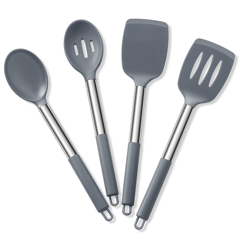 Cooking Utensils Set of 4 Efar Silicone Kitchen Utensils for Nonstick Cookware Heat Resistant Nontoxic Slotted Spatula Solid Spoon Turner for Flipping Mixing Serving BastingGrey