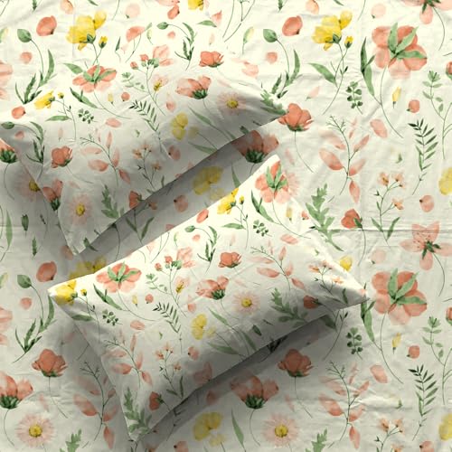 Urban Space Serene 200 TC 100% Cotton Elastic Fitted Bedsheets King Size With 2 Pillow Covers, King Size Bedsheet Floral(Meadows Buttercream, Size 72 X 78 Inches) - Image 1