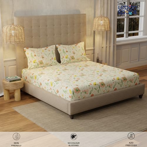 Urban Space Serene 200 TC 100% Cotton Elastic Fitted Bedsheets King Size With 2 Pillow Covers, King Size Bedsheet Floral(Meadows Buttercream, Size 72 X 78 Inches) - Image 4