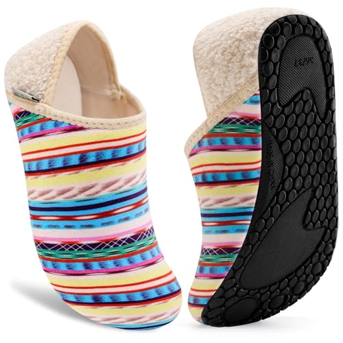 VIFUUR House Slippers for Women Men Slip on Indoor Barefoot Slipper Socks Fuzzy Cozy Sock Shoes for Home Bedroom Travel Multicolored Stripes,40/41 - Image 1