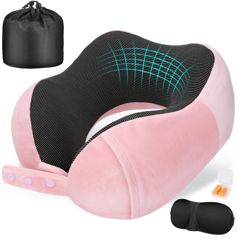 Cirorld Neck Pillow for Traveling, Travel Pillows for Airplanes,100% Pure Memory Foam Travel Neck Pillow, Adjustable Flight Pillow, Portable Plane Accessories with Eye Mask, Earplugs, Carry Bag - Image 1
