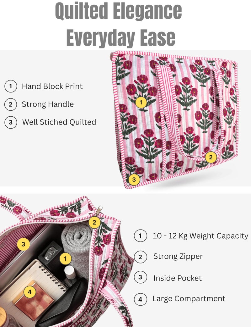 Third Eye Export 100% Cotton Quilted Tote Bag 18x16â€“ Large Zipper Beach Bag & Travel Bag Pink Purse Reusable Grocery Bags (Flirt Rose Print) - Image 4