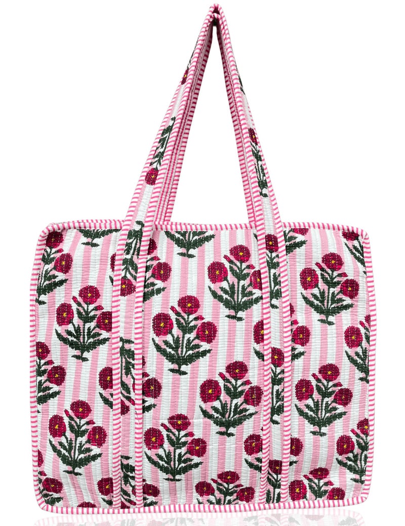 Third Eye Export 100% Cotton Quilted Tote Bag 18x16â€“ Large Zipper Beach Bag & Travel Bag Pink Purse Reusable Grocery Bags (Flirt Rose Print) - Image 1