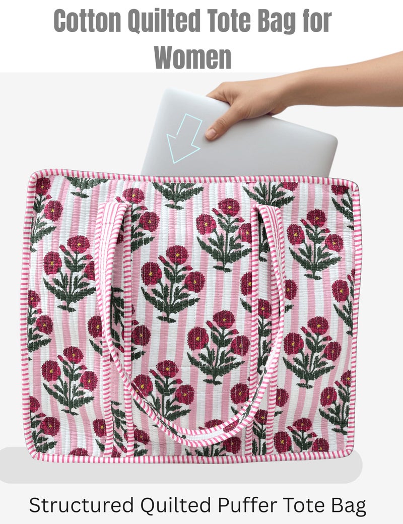Third Eye Export 100% Cotton Quilted Tote Bag 18x16â€“ Large Zipper Beach Bag & Travel Bag Pink Purse Reusable Grocery Bags (Flirt Rose Print) - Image 5