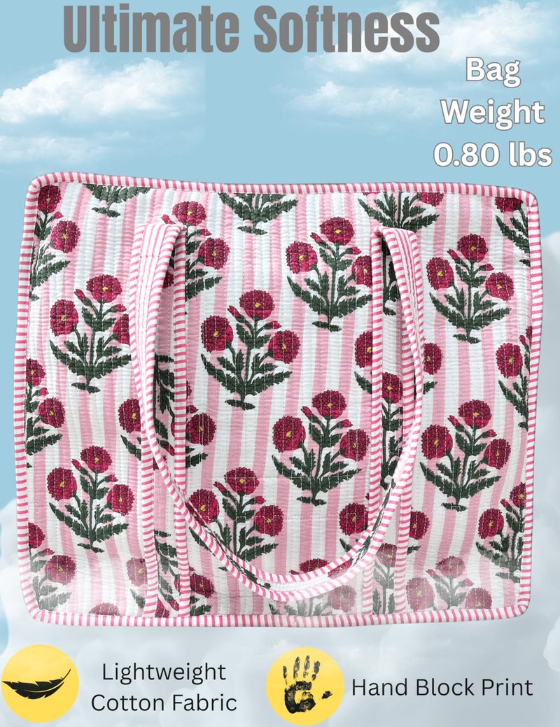 Third Eye Export 100% Cotton Quilted Tote Bag 18x16â€“ Large Zipper Beach Bag & Travel Bag Pink Purse Reusable Grocery Bags (Flirt Rose Print) - Image 3