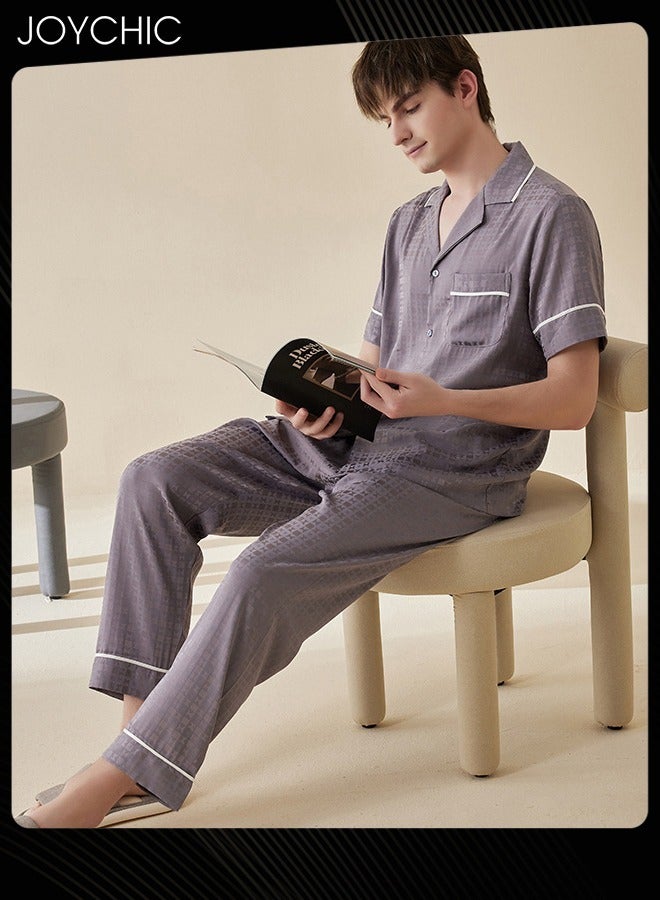 Modern Style Summer Ice Silk Short-sleeved Long Pants Pajama Set Comfty Breathable Men's Home Clothes Button Front Bedroom Sleepwear Grey